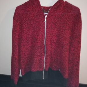 Rare!Retired Brand Death Kitty Animal Print Velour Cat Ear Hood Red&Black Coat